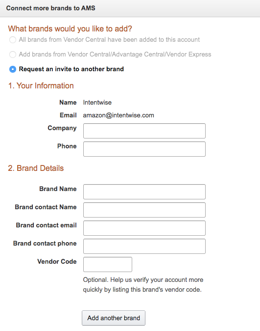 Connecting brands to a vendor account for Amazon account management