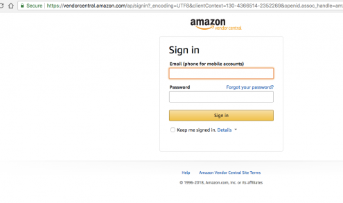 Amazon Vendor Login screen